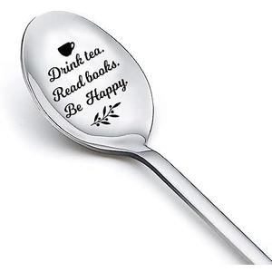 Drink Tea Read Books Spoon for Tea Lover Friend Birthday Graduation Christmas Gifts for Readers Book Lover Gifts for Women Men Engraved Tea Spoons Stainless Steel