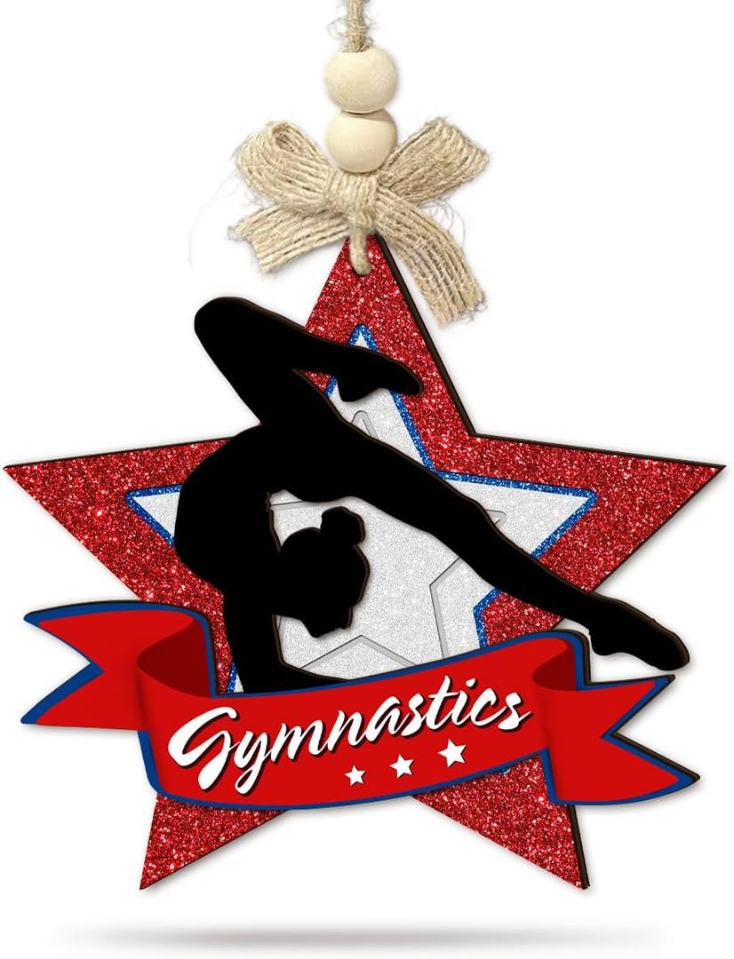 3 x Gymnastics Christmas Ornament for Girls - Red Glitter Star Xmas Tree Ornament, 2 Layer Wooden - Unique & Speical Holiday Decorations for Athletes, Students, Coaches
