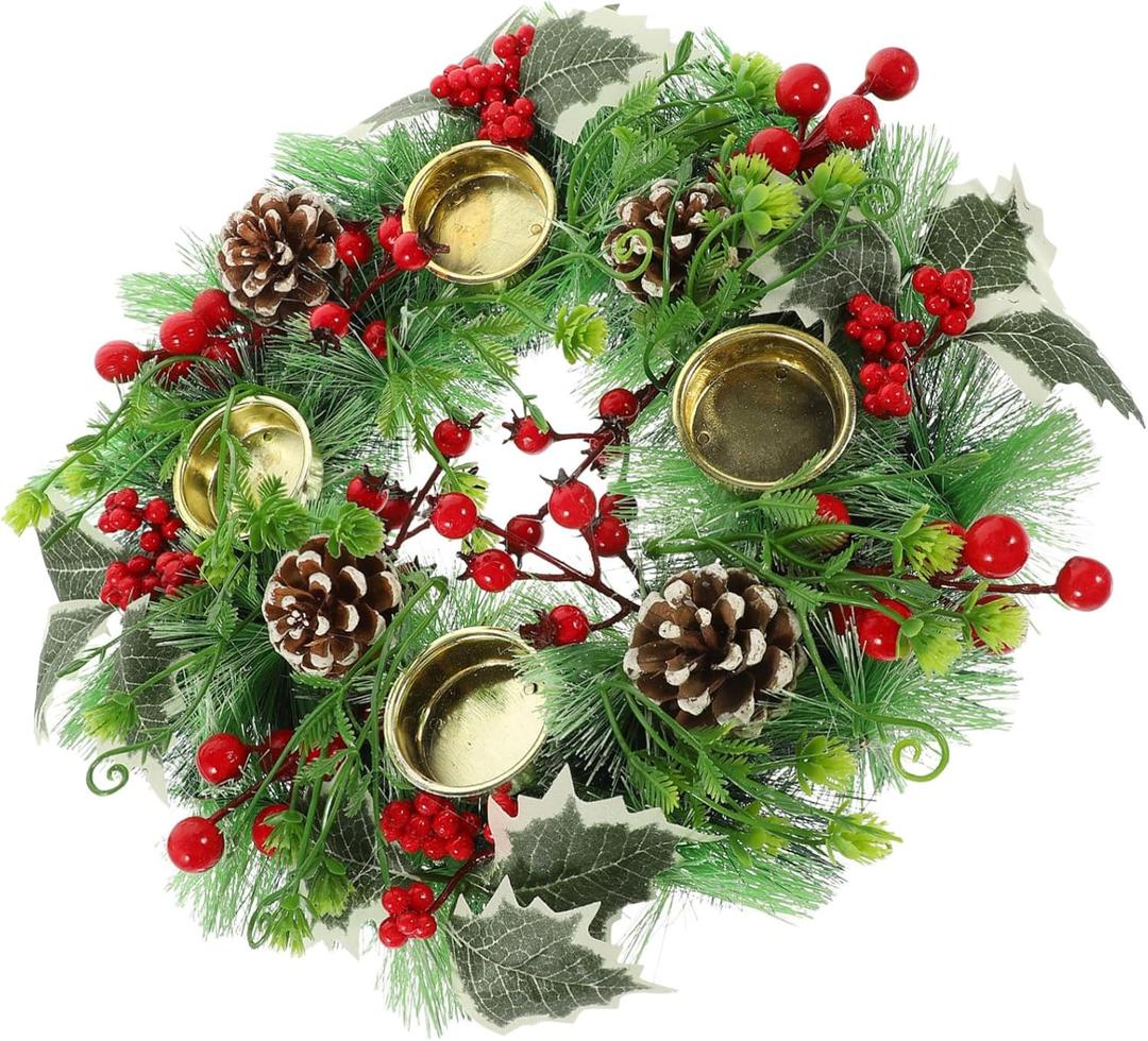 Cabilock Christmas Pillar Candle Wreath Realistic Artificial Pine Needle Decor for Weddings Parties and Holiday Table Centerpieces Versatile Design for Festive Atmosphere, 5 Pack
