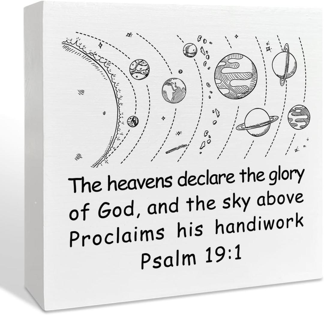 Christian Bible Verse Space Planets Baby Boy Nursery Room Wood Box Decor Sign, Religious Faith Christian Space Themed Toddler Room Decorations for Baby Boys