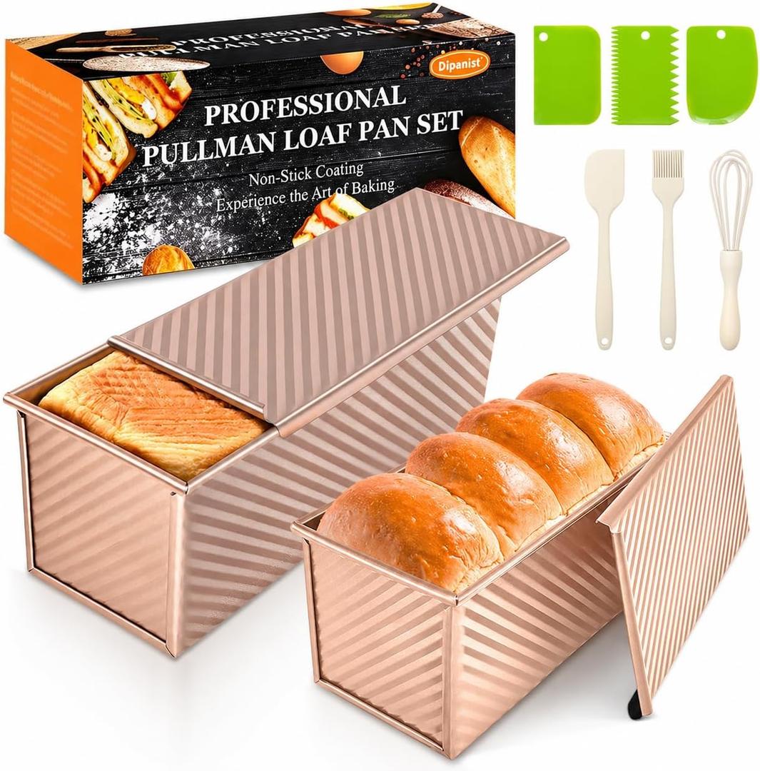 2Pack Loaf Pans with Lids  2.2 LB & 1 LB Dough Capacity, Non-Stick Carbon Steel Bread Pans for Homemade Sandwich and Sourdough Bread, Corrugated Toast Mold (Gold)