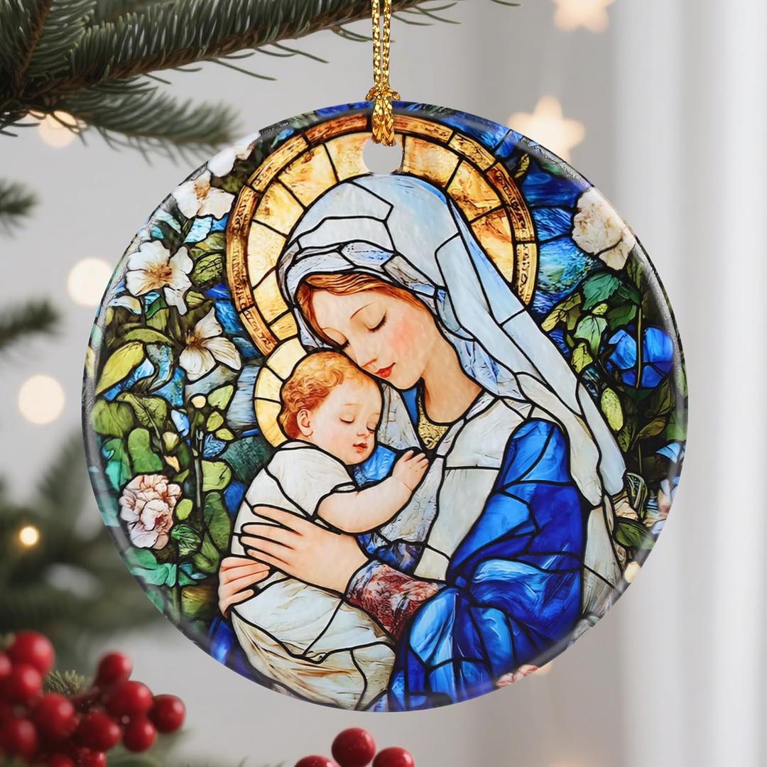 2 x Christmas Ornaments, 2.8 Inch Ceramic Religious Ornament, Christmas Tree Ornaments, Xmas Decorations, Holiday Decorations, Christian Gifts, Religious Gift, Holiday Party Gifts, and Xmas Gift Ideas