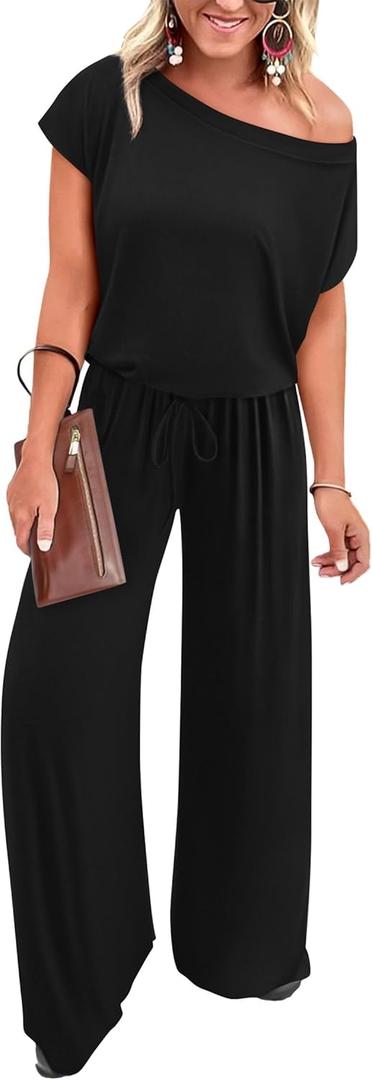 KIRUNDO Womens Jumpsuit 2026 Casual Summer Loose One Piece Off Shoulder Elastic Waist Wide Leg Long Romper with Pockets (X-Large, Black)