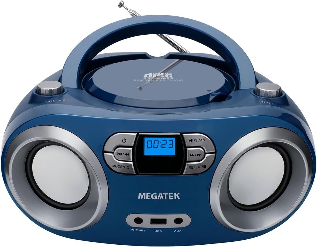 MEGATEK Portable CD Player Boombox with FM Radio, Bluetooth, USB Port, AUX Input, and Headphone Jack  CD-R/CD-RW/MP3-CD Compatible, Clear Stereo Sound, Backlit LCD Display  Blue Jay