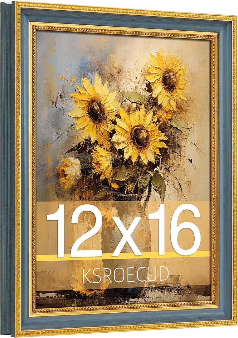 12x16 Picture Frame, HD Real Glass Ornate Vintage 12x16 Photo Frame, 12 by 16 Poster Frame with Gold Blue Texture Border Horizontal & Vertical Display for Tabletop or Wall Decor (1 Pack)