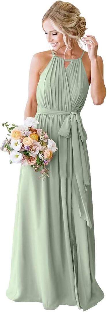 Women's A Line Chiffon Bridesmaid Dresses Long with Slit Halter Wrap Formal Evening Party Gown with Pocket HM048 (12)