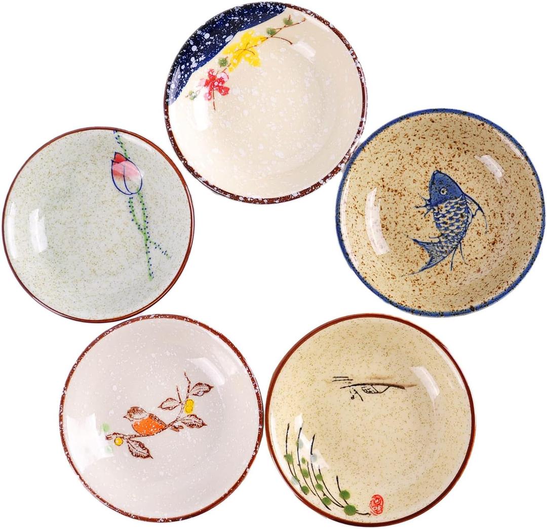 WHJY Japanese Retro Porcelain Side Dish Ceramic Side Dishes Bowl Seasoning Dishes Soy Dipping Sauce Dishes - Set of 5