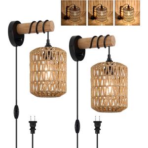 Rattan Plug in Wall Sconce Bedroom Sconces Set of 2 Boho Dimmable Wall Lamp with Plug in Cord Hanging Wall Lights for Living Room