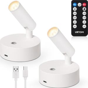URTOM Wireless LED Spotlights Indoor with Remote Rechargeable Picture Lights Uplighting Indoor Dimmable Warm White Accent Lighting Battery Operated Spotlight for Plant Artwork Painting Wall, 2 Pack