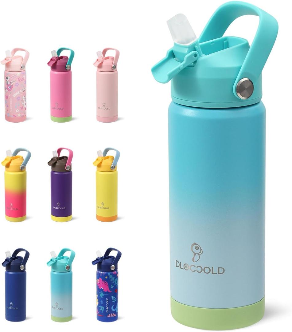 DLOCCOLD Kids Insulated Water Bottle with Leak Proof Straw Lid, Double Wall Vacuum Stainless Steel Water Bottle with Silicone Boot, Reusable Tumbler for Travel, Boys, Girls (18 Ounces, Ocean Mist)