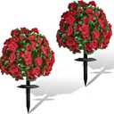 Artificial Flowers for Outdoors, Faux Outdoor Plants Fake Plants Topiary Balls Artificial Outdoor Set of 2 with Ground Spike for Home Front Porch Patio Garden Decor (Red)