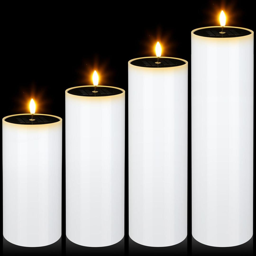 Rossesay 4 Pcs Large Outdoor Candles, Flameless Flickering LED Candles, Battery Operated Waterproof Candle for Wedding Centerpiece Porch Lanterns Patio Easter Decor(4"x8"/10"/12"/14")