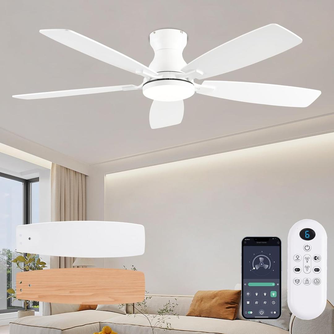 Ceiling Fans with Lights, 52 Inch Low Profile Ceiling Fan with Light and Remote Control, Flush Mount, DC Reversible Motor, Noiseless, White 6 Speeds Ceiling Fan for Bedroom