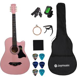Joymusic 38 inch pink beginner acoustic guitar kit,bundle with a strap with picks holder,digital tuner, set strings, capo,cleaning cloth,6 picks,gig bag.(JG-38C,PK)