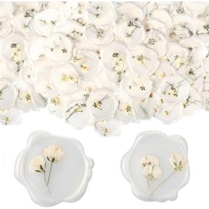 Qilery 50 Pcs Wax Seal Stickers Babys Breath Dried Floral Envelopes Seals Stickers Bulk for Wedding Invitation Bridal Shower Birthday Party Letter Greeting Cards Gift Wrapping, Self Adhesive (White)