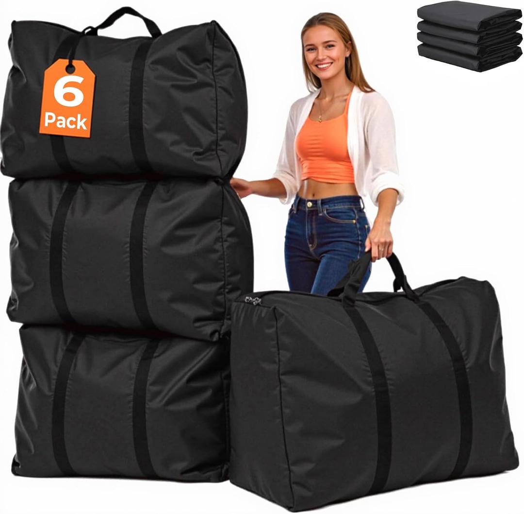 6 Pack Lightweight Extra Large Storage Bags with Full-Loop Handles & Zipper, Clothes/Comforter/Bedding Oversized Storage Moving Bags | Space-Saving Foldable Big Bag for Travel/Apartment/Dorm (Black)