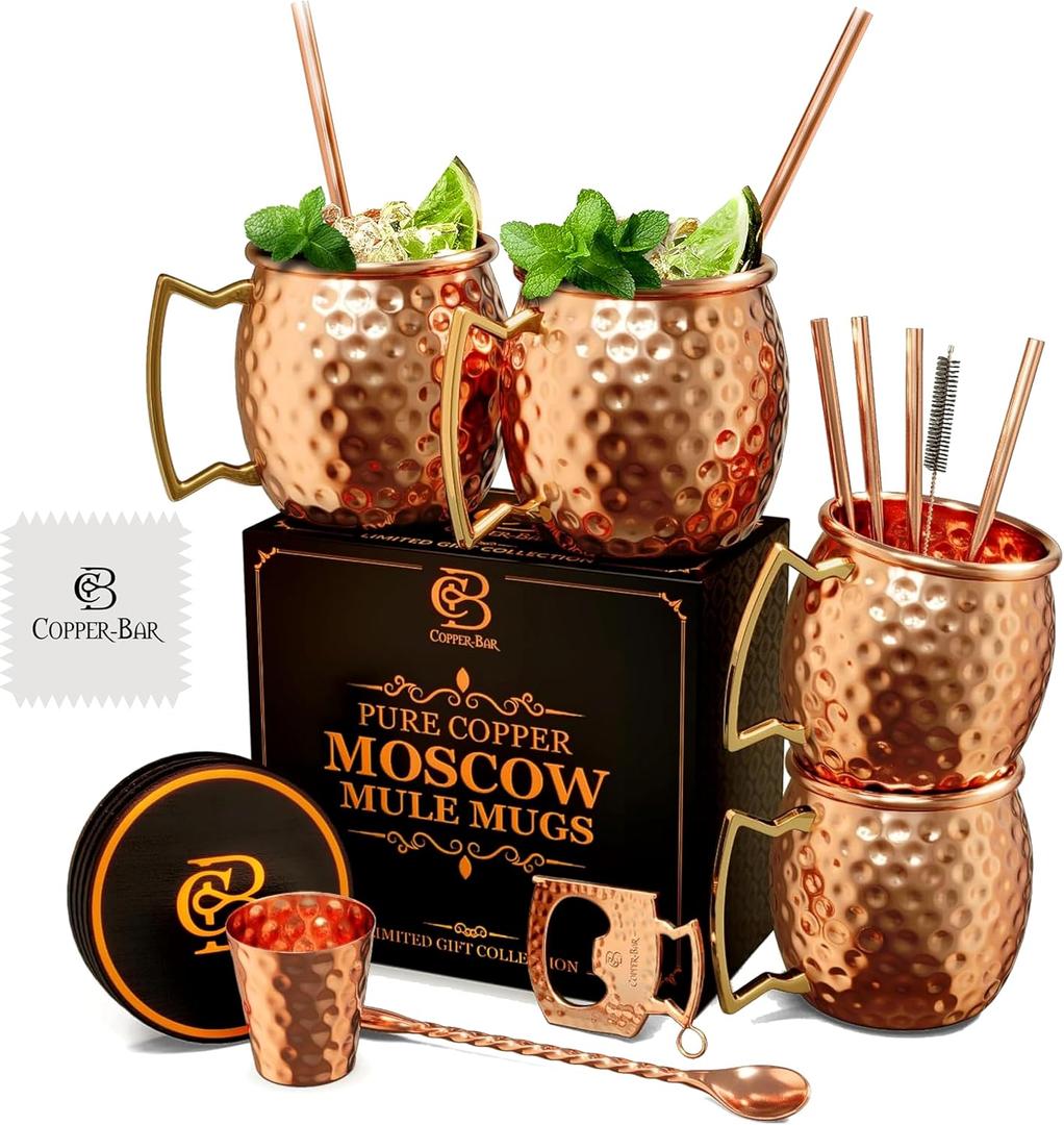 COPPER-BAR Moscow Mule Copper Mugs - Unique HANDCRAFTED Gift Set of 4, Hammered by Artisan, 100% Pure Solid Copper Cups 16oz for Drinking Water & Cocktails, Include 19 Pcs accessories & Special Opener
