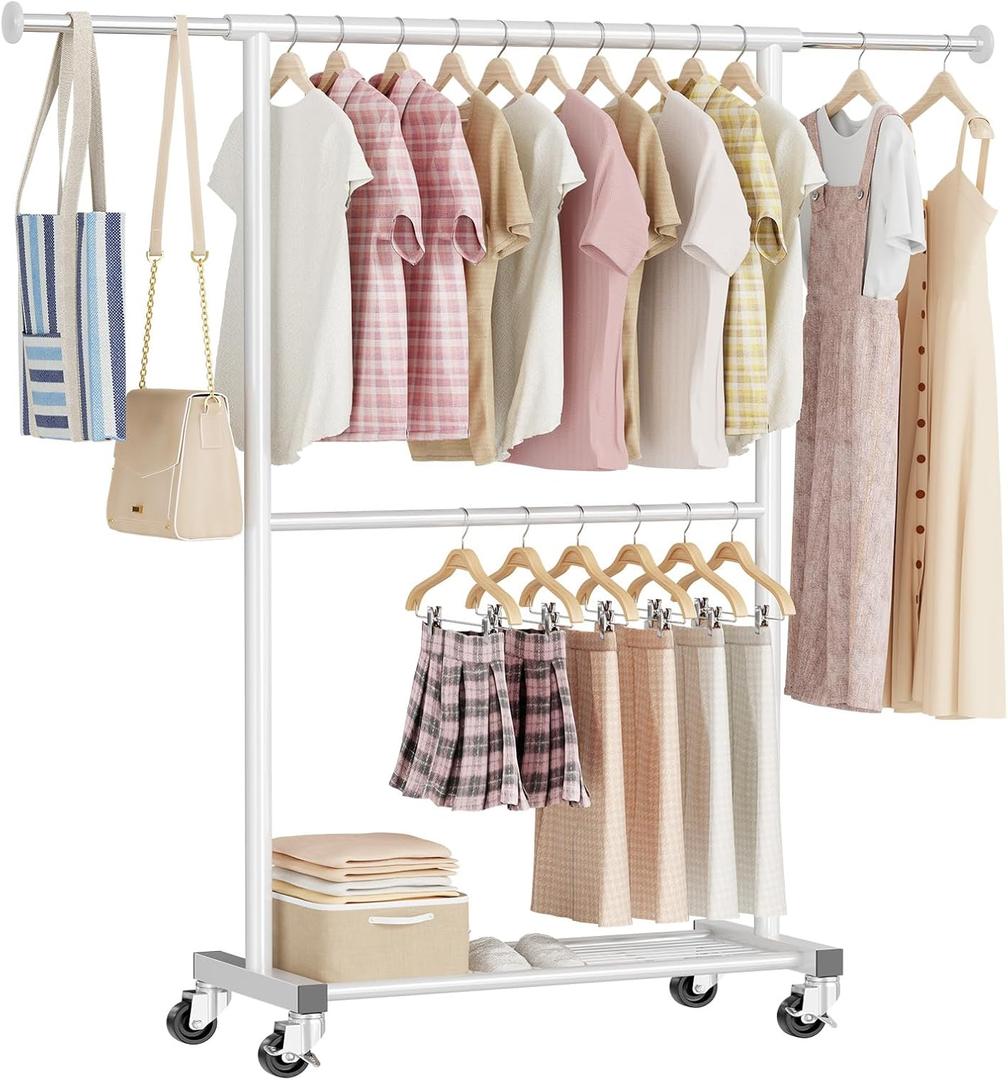 Clothes Rack - 35 to 50 Inch Expandable Rod Clothing Rack with Mesh Shelf & Casters, Rolling Garment Rack for Hanging Clothes, Load 150 LBS, White