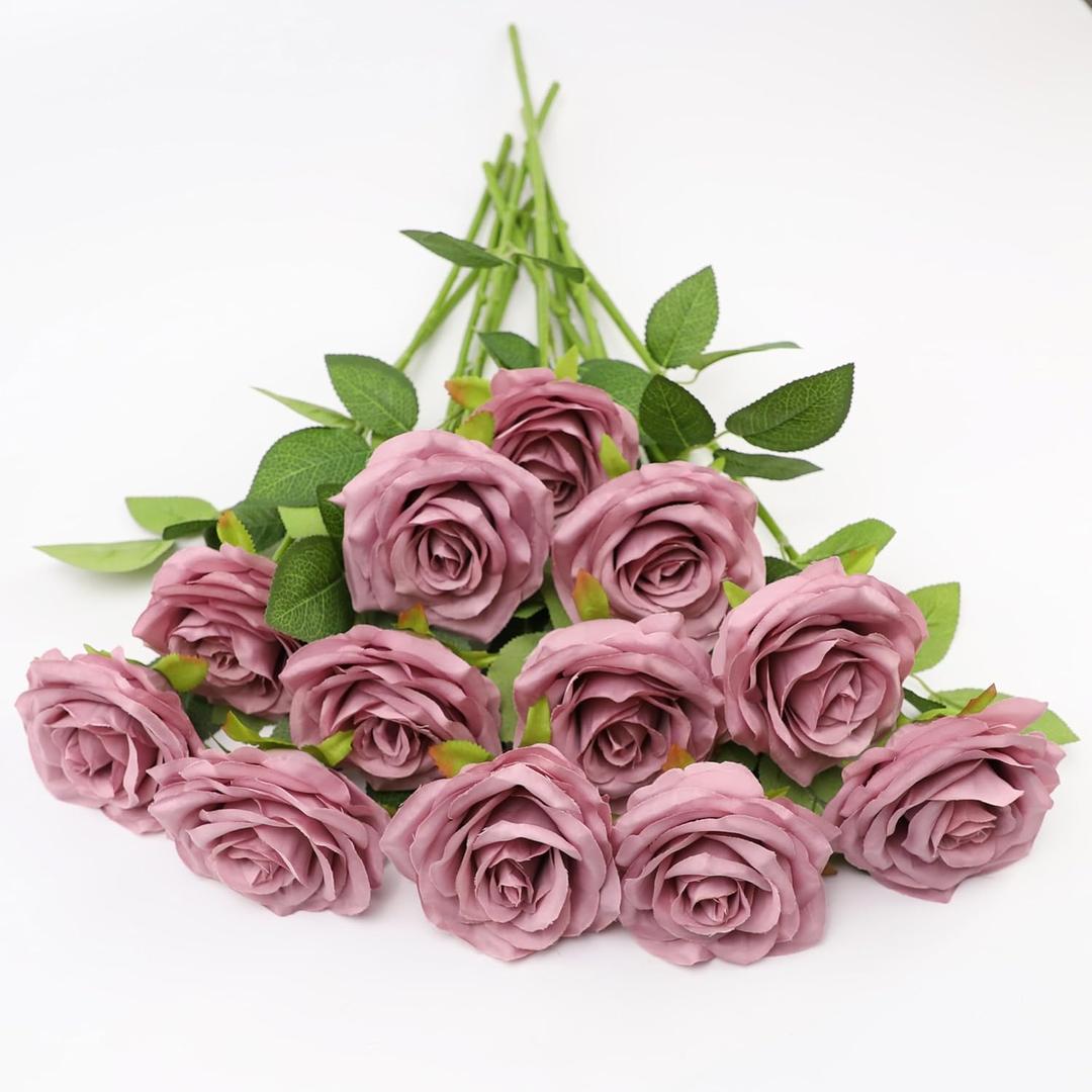 LVEFIT 12pcs Artificial Rose Flower Mauve Rose Flower with Long Stem Silk Roses Bouquet for Wedding Bridal Shower Party Home Decoration