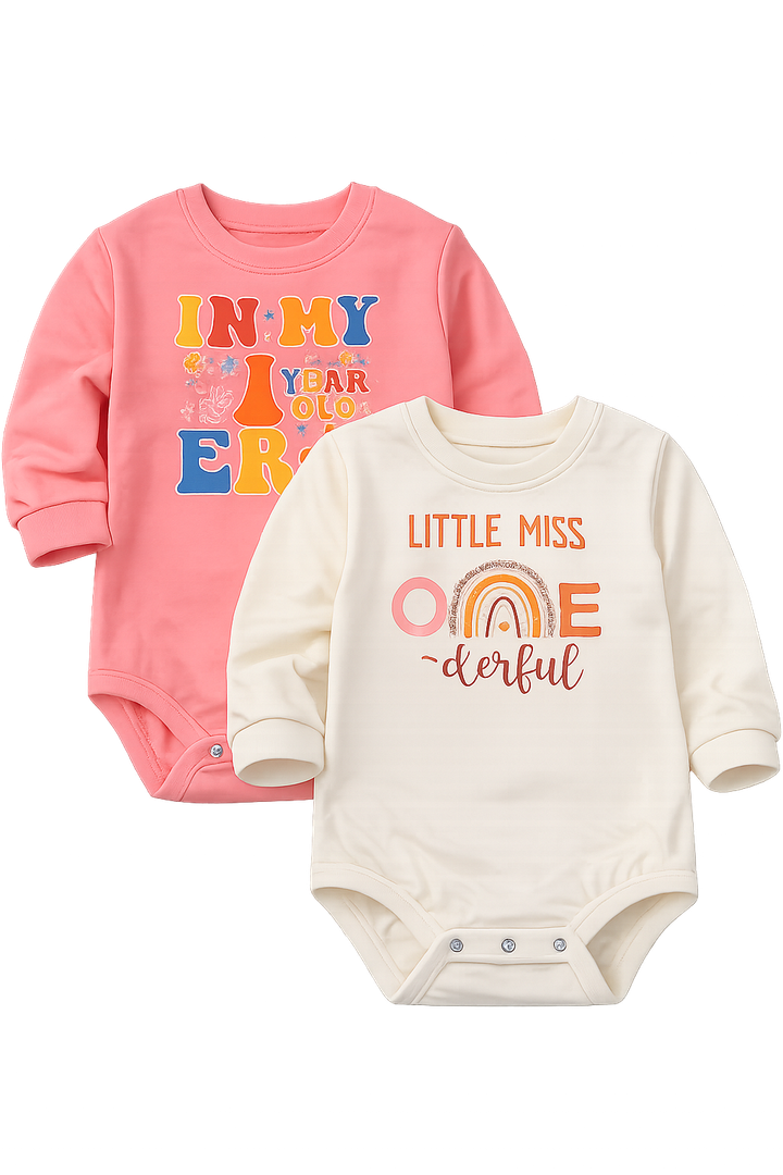 2 x Cute Baby Girl 1st Birthday Outfit Set - "Onederful" Bodysuit And  "1 Year Old Era" Sweatshirt - Size 12M