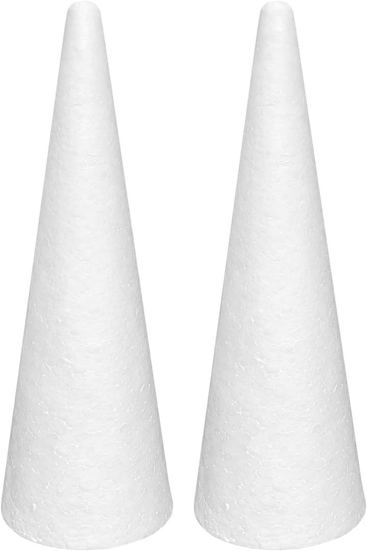 Crafjie Foam Cones for DIY Arts and Crafts (4.65 x 15.7 in, 2 Pack), White Polystyrene Christmas Tree Foam Cones Craft Supplies, for DIY Home Craft Project, Christmas Tree, Table Centerpiece