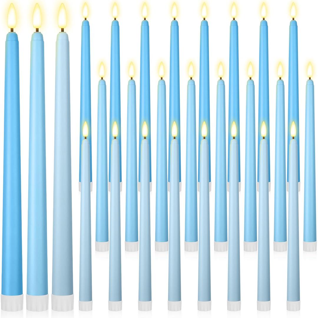 Macarrie 24 Packs Flameless Taper Candles Battery Operated Fake 11 Inch Long Candlelight LED Flameless Candlesticks Flickering Tapered for Spring Summer Wedding(Mixed Blue)