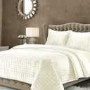 Tribeca Living Luxury Velvet Quilt Set King Bedding Set, 260 GSM Soft Velvet Oversized Comforter Set, Florence Box Stitch Premium Bedspread Coverlet for All Season, with 2 Pillow Shams, Ivory