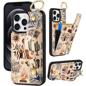 Petitian for iPhone 12/12 Pro Wallet Case - Women Girls Cute Girly Aesthetic Unique Design Leather Credit Card Holder Phone Cover Stand Wristband for iPhone 12/12 Pro, Western Cowboy