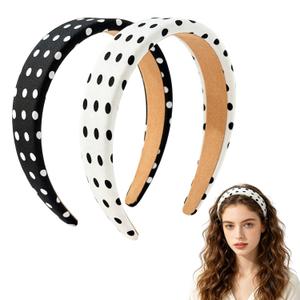 Padded Headband for Women, Polka Dot Wide Headbands, Thick Sponge Hair Bands, Non-Slip Fashion Hair Accessories for Daily Wear, Party, 2 Pack (Black & White)