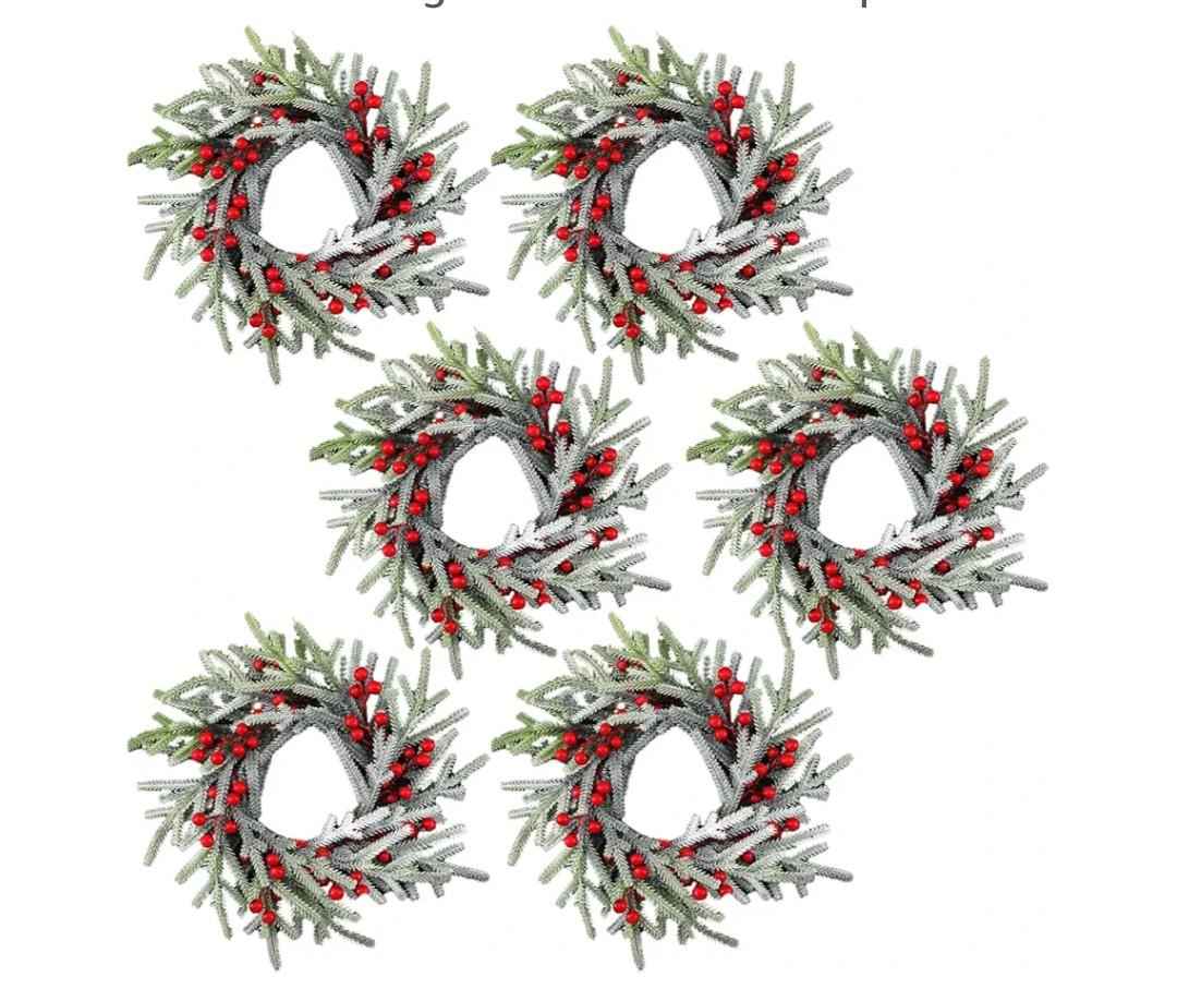 6 Pcs Christmas Candle Rings Wreaths Artificial Red Berries Snowy Pine Candle Rings Holder for Christmas Wedding Home Table Centerpiece