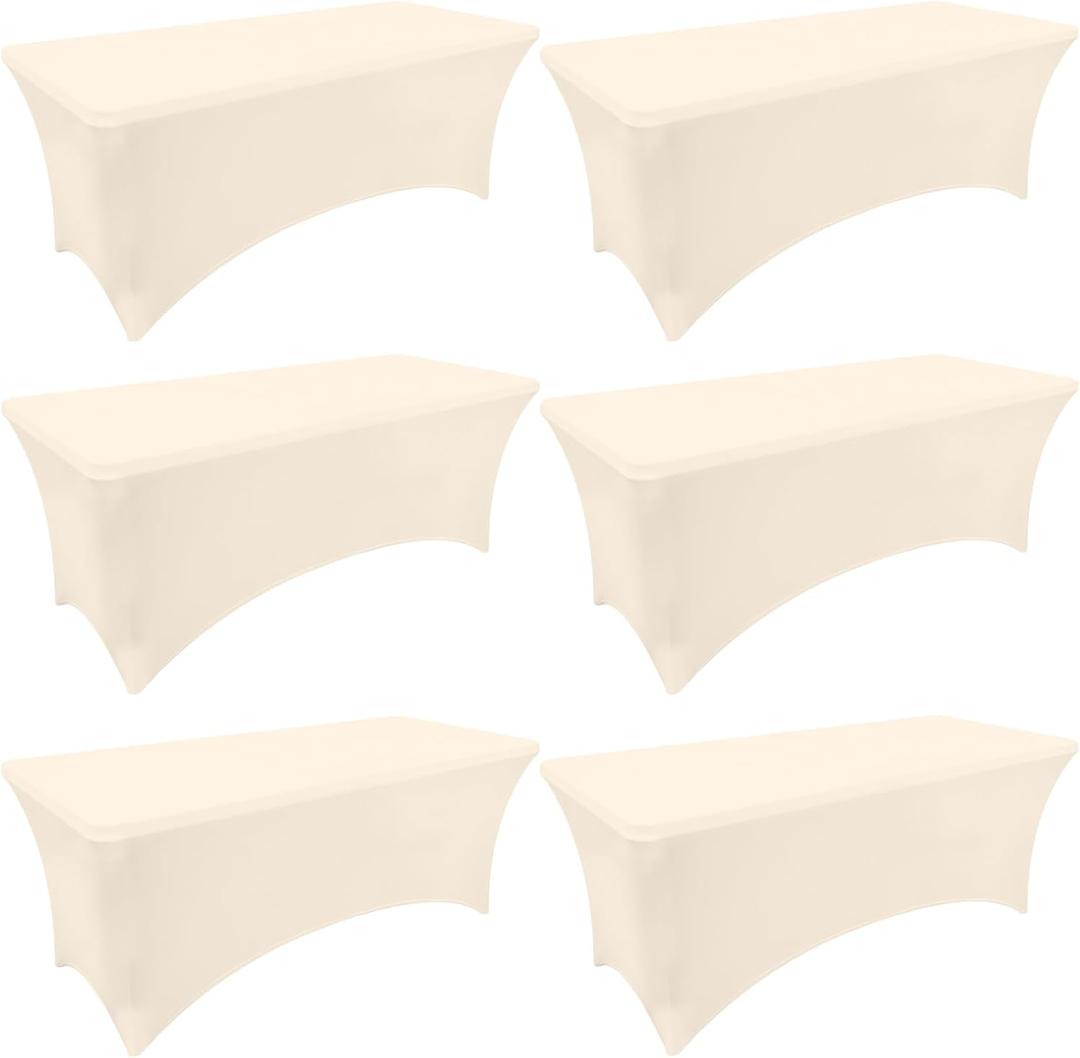 Moosfor Spandex Elastic Fitted 6FT Rectangle Tablecloth 6 Pack, Stretch Washable Reusable Table Cover for Outdoor Picnic, Dining, Wedding, Banquet & Party Events (Beige, 72Lx30Wx30H Inch)