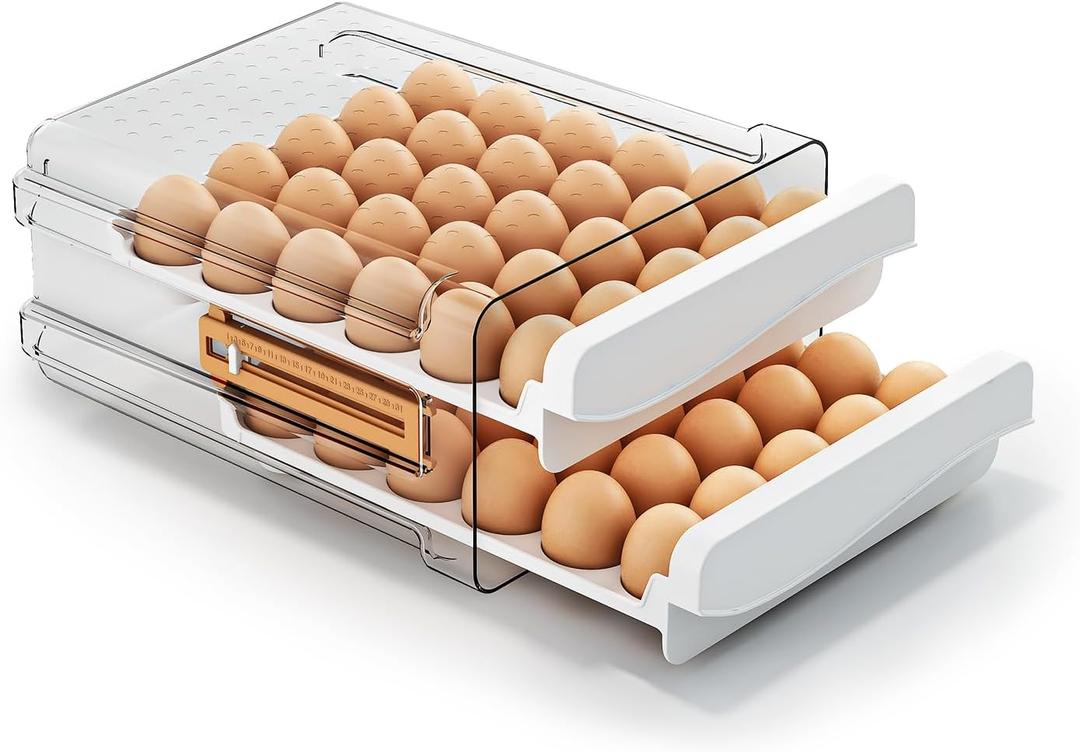 JOYZAN Egg Holder for Fridge 60 Count Large Capactity Egg Storage Container for Refrigerator, Clear Stackable Egg Organizer for Fridge, Coutertop Egg Trays Pull Out Drawer (10.6''L x 12.4''W x 5.9''H)