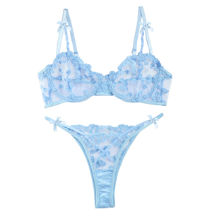 Lilosy Sexy Underwire Cute Push Up Strappy Embroidered Mesh Sheer Lingerie Set See Through Panty Bra S