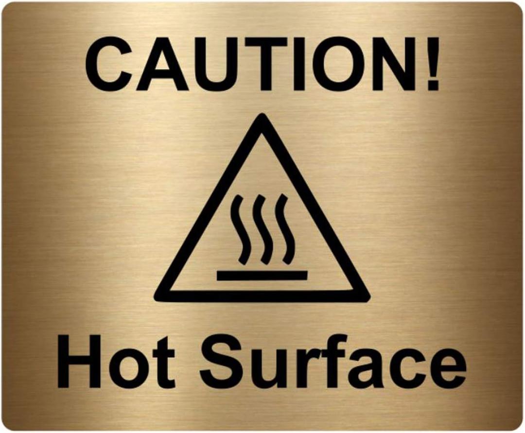 Caution Hot Surface Sign, Adhesive, Sticker, Notice - engraved with Universal Icon Symbol and Text (Size 12cm x 10cm) (Gold)