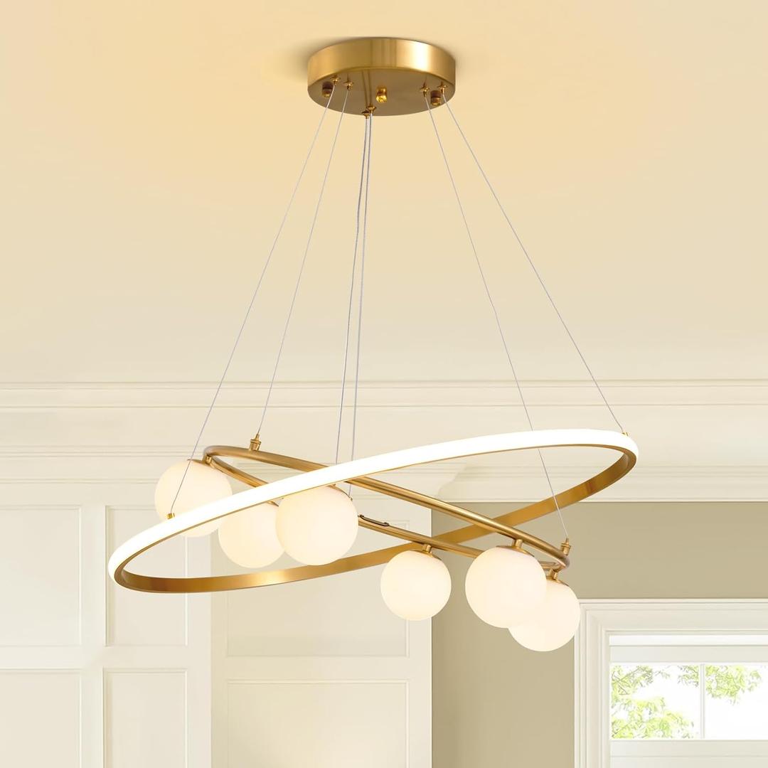 27.6'' Post-Modern LED Gold Chandelier 2 Ring Mid Century Dining Room Fancy Chandelier with Glass Globe Lampshade 6-Light Circular Pendant Ceiling Light Fixture for Kitchen Living Room Bedroom