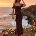 MEROKEETY Women's 2026 Summer Off The Shoulder Spaghetti Strap Floral Mesh Wedding Guest Cocktail Formal Party Maxi Dresses (Brown, M)