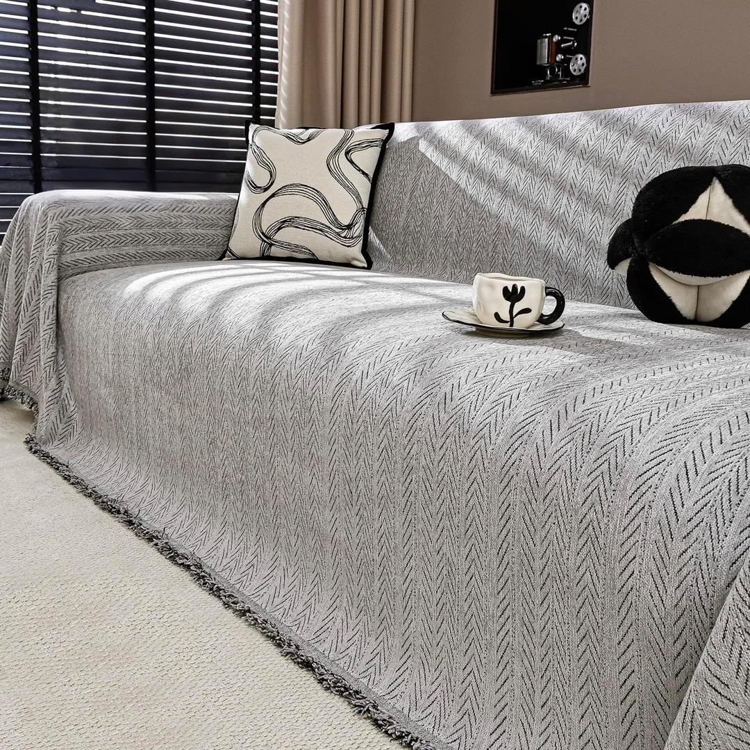 Nobildonna Chenille Couch Cover for Sofa Cover Washable Pet Scratch Couch Covers Tassel Sofa Slipcover for 2 Cushion Couch,Furniture Protector Blanket for Living Room,Light Gray 71"x118"