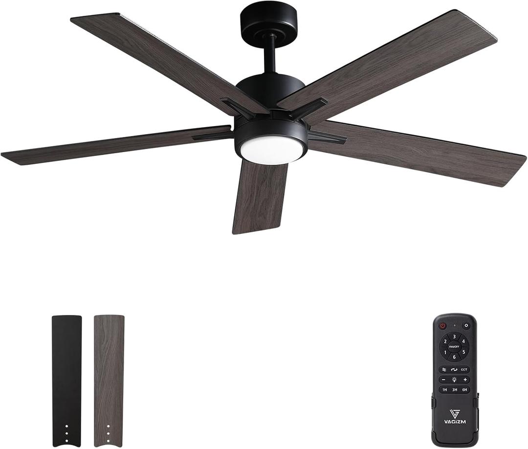 Ceiling Fan with Light Remote: 52 Inch Modern Bedroom Fans with Dimmable Tri-Color Temperature LED - Quiet Reversible DC Motor - Indoor Outdoor (Black+Walnut-5)