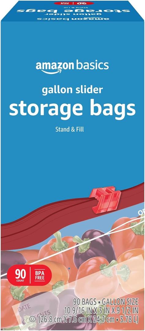 Amazon Basics Slider Gallon Food Storage Bags, BPA Free, Stand-Up Bottom, Easy to Fill, 90 Count