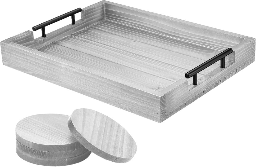 Ottoman Serving Tray | Decorative Coffee Table Tray with Handles  17x13 Inch Wooden Tray with 4 Coasters for Breakfast, Kitchen & Bar (Light Grey)