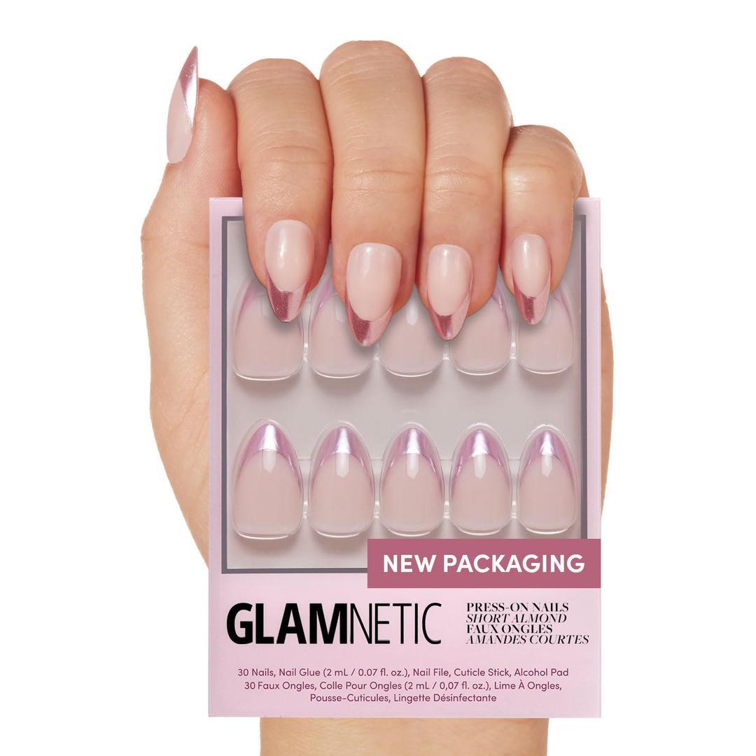 Glamnetic Press On Nails - Rock Candy | Trendy Short Almond Nails with Metallic Chrome Pink French Tips | 15 Sizes - 30 Nail Kit with Glue