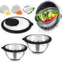 TeamFar Mixing Bowls with Colander Set, Stainless Steel Strainer and Nesting Salad Bowls, with Lids & 3 Graters, Non-Slip Bottom & Visible Lid, Rotatable & Dishwasher Safe, 4.6/3/1.5 QT, Black