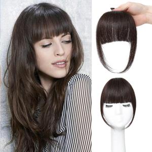 Clip in Bangs Real Human Hair Dark Brown 100% Human Hair French Bangs Fake Bangs Hair Clip on bangs for women Fringe with Temples Hairpieces Curved Bangs for Daily Wear