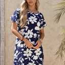 Wenrine Womens Summer Dress 2025 Floral T Shirt Dress Casual Cap Sleeve Crewneck Loose Boho Shift Mini Dresses