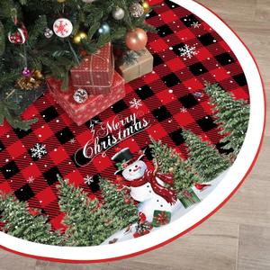 Tiamon 48 Inch Christmas Tree Skirt Polyester Xmas Tree Skirt with Snowflake Deer Snowman Pattern Christmas Decorations for Winter Xmas Holiday Farmhouse Indoor Party Decorations(Red and Black)