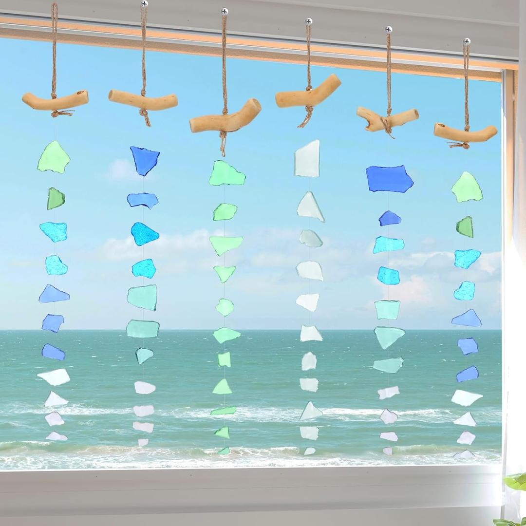 Weysat 6 Pcs Sea Glass Wind Chimes for Outside, Beach Wind Chimes with Wooden Hanger, Boho Gifts for Mom Women, Hanging Beachy Decor for Home Wall Outdoor Garden, Ocean Themed Decorations