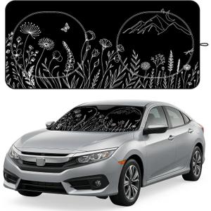 Windshield Sun Shade for Car, 63"x28.5" Stylish Printed Front Window Sunshade with Double Steel Ring Frame, Universal Fit Foldable Heat Blocker & UV Protector, with Storage Pouch (Line Floral)
