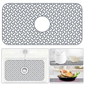 Silicone Sink Protectors for Kitchen Sink, 24.8"x12.9" Kitchen Sink Grid Accessory, Heat-Resistant, Non-Slip Silicone Grid Mat for Bottom of Stainless Steel & Farmhouse Sinks, Center Drain (Gray)