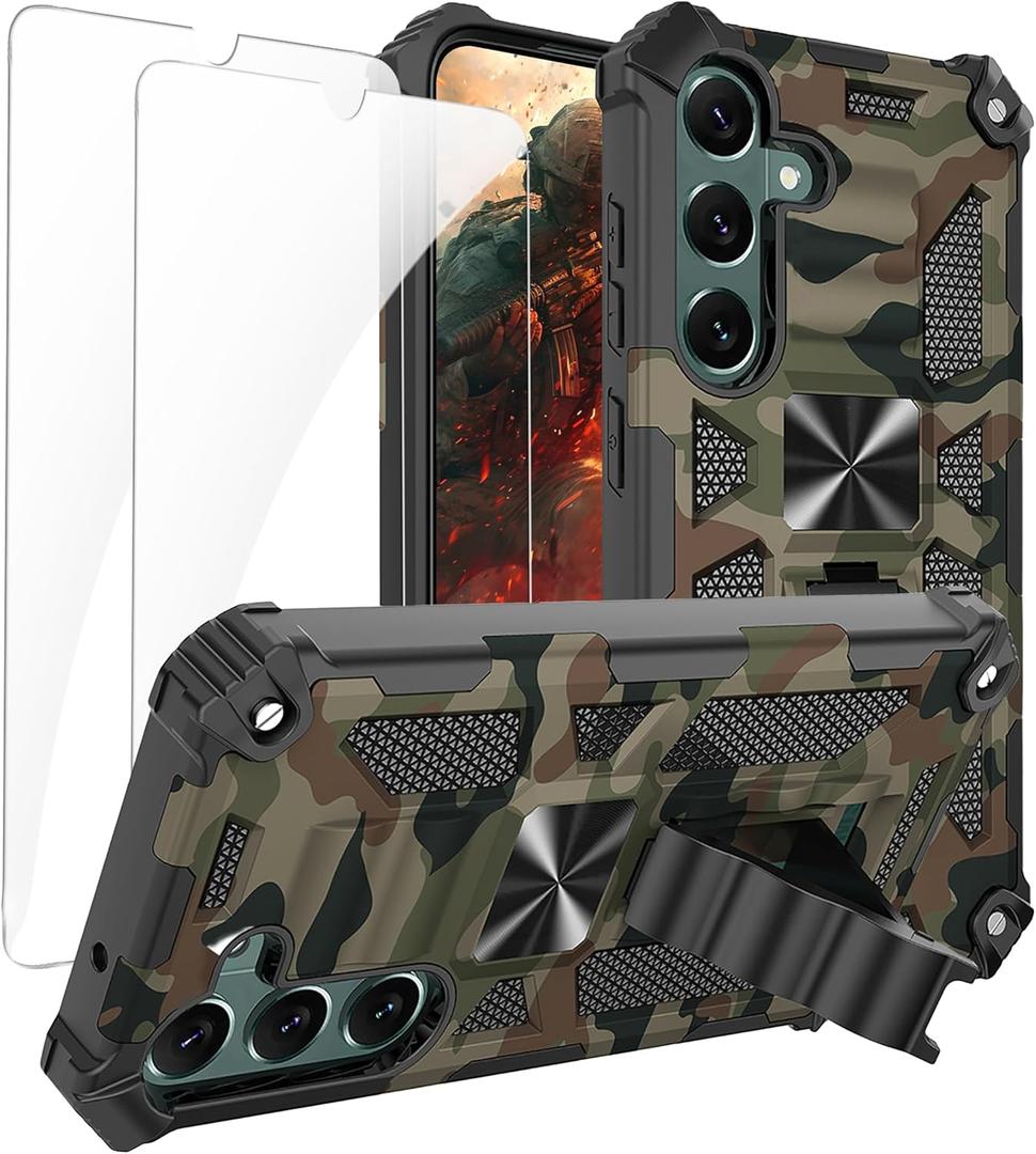 Camouflage Case for Samsung Galaxy S25 with Screen Protector, Military Grade Shockproof Camo Case with Kickstand for Galaxy S25/S24 MCM Army Green