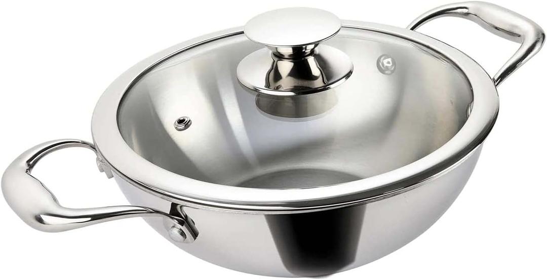 G and D Triply Stainless Steel Wok Pan With Glass Lid Tripple with Stainless Steel Deep Kadhai Cookware